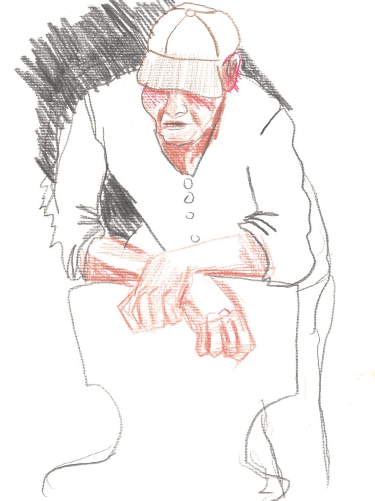 Mann lehnt auf Stuhl. Artwork Silke Mauritius